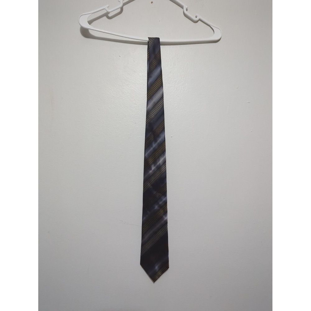 Geoffrey Beene Mens Silk‎ Necktie Grey Black Gold Diagonal Striped Hand Made Tie